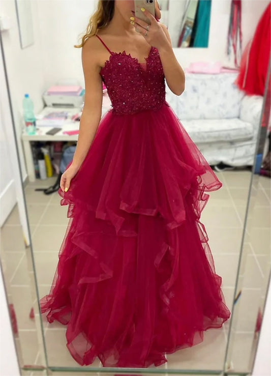 Women Tulle Lace Prom Dresses Long V Neck Appliques Evening Gowns Sleeveless Formal Party Dress YPD647