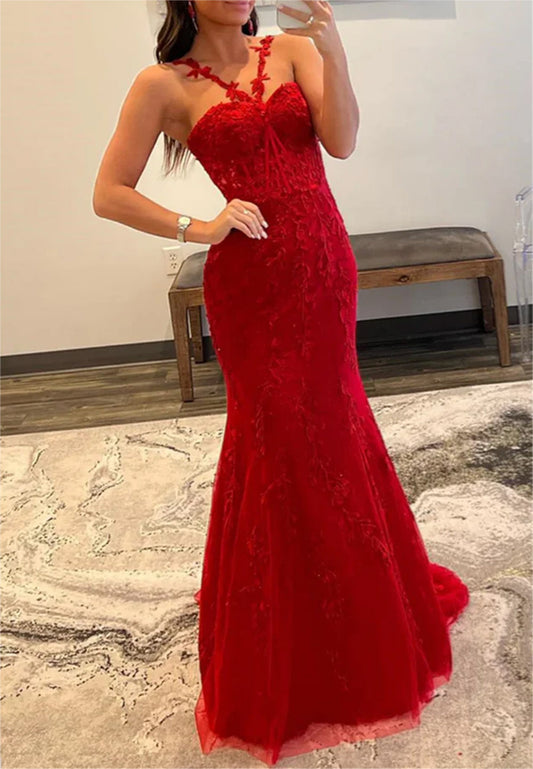 Women Mermaid Lace Prom Dresses Long Appliques Evening Gowns Sleeveless Formal Party Dress YPD659