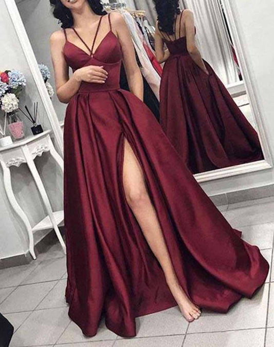 Women A-Line Satin Prom Dresses Long Spaghetti Straps Evening Gowns Formal Party Dress YPD584