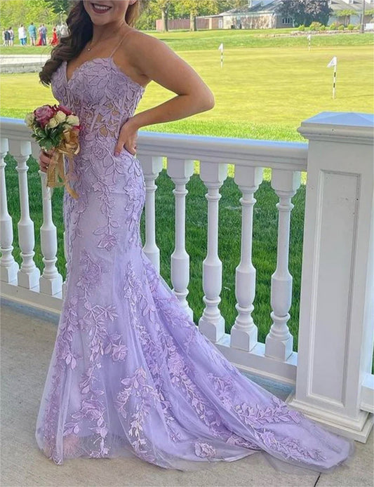 Women Mermaid Lace Prom Dresses Long Spaghetti Straps Appliques Evening Gowns Sleeveless Formal Party Dress YPD621