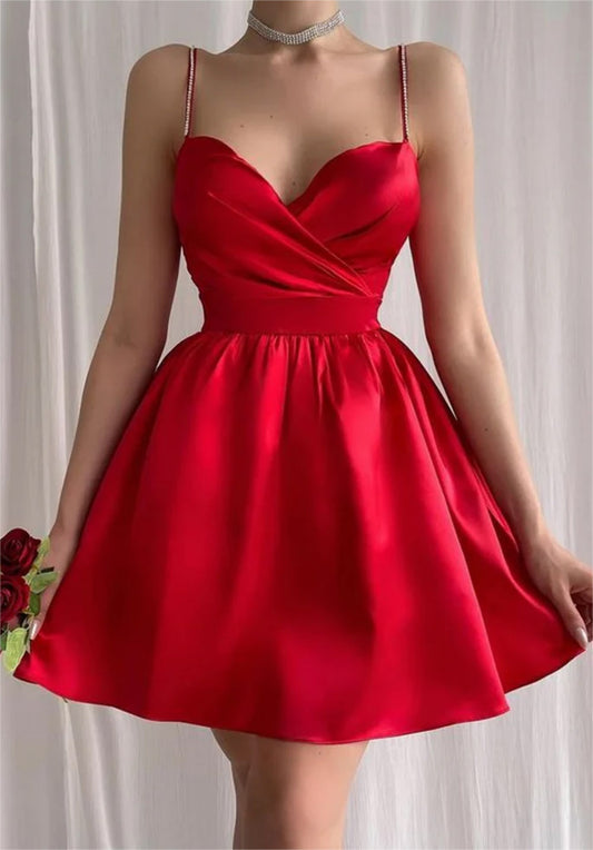 Women A-Line Satin Prom Dresses Short V-Neck Cocktail Gowns Girls Sleeveless Homecoming Dresses YHD313
