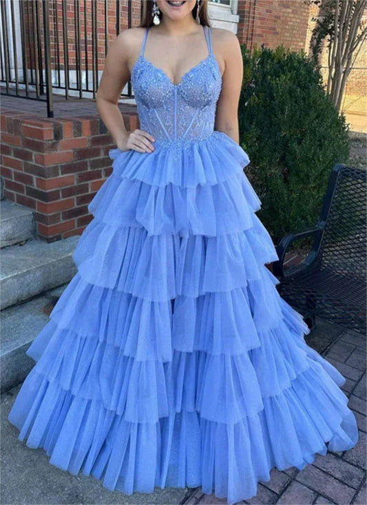 Women A-Line Lace Prom Dresses Long V-Neck Appliques Evening Gowns Sleeveless Formal Party Dress YPD627
