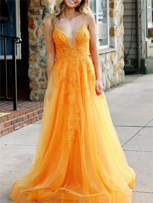 Women A-Line Lace Prom Dresses Long V-Neck Appliques Evening Gowns Sleeveless Formal Party Dress YPD609