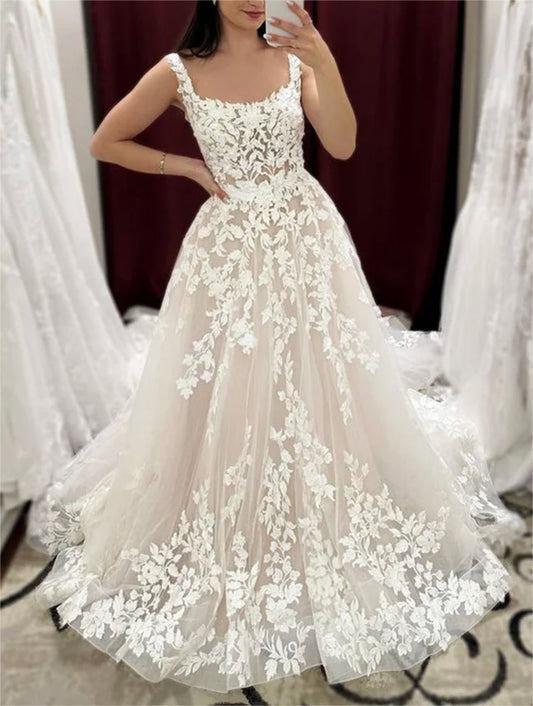 Women A-Line Lace Prom Dresses Long Appliques Evening Gowns Sleeveless Formal Party Dress YPD657