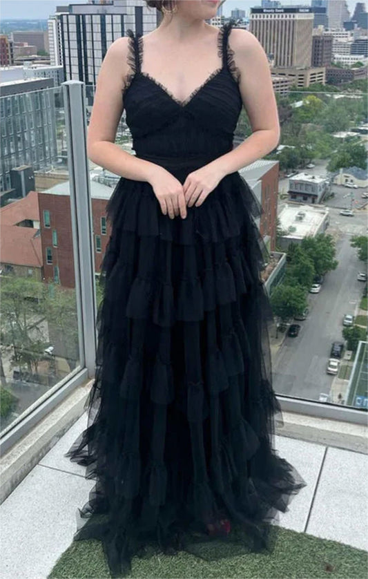 Women A-Line Tulle Prom Dresses Long V-Neck Layered Evening Gowns Sleeveless Formal Party Dress YPD654