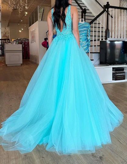 Women V-Neck Lace Prom Dresses Long Backless Appliques Evening Gowns Sleeveless Formal Party Dress YPD678