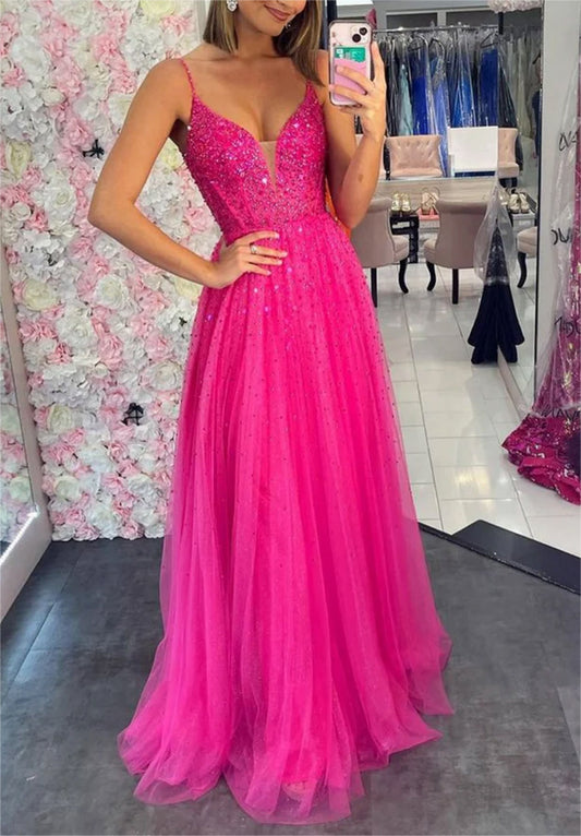 Women A-Line Tulle Prom Dresses Long V-Neck Beadings Evening Gowns Sleeveless Formal Party Dress YPD664