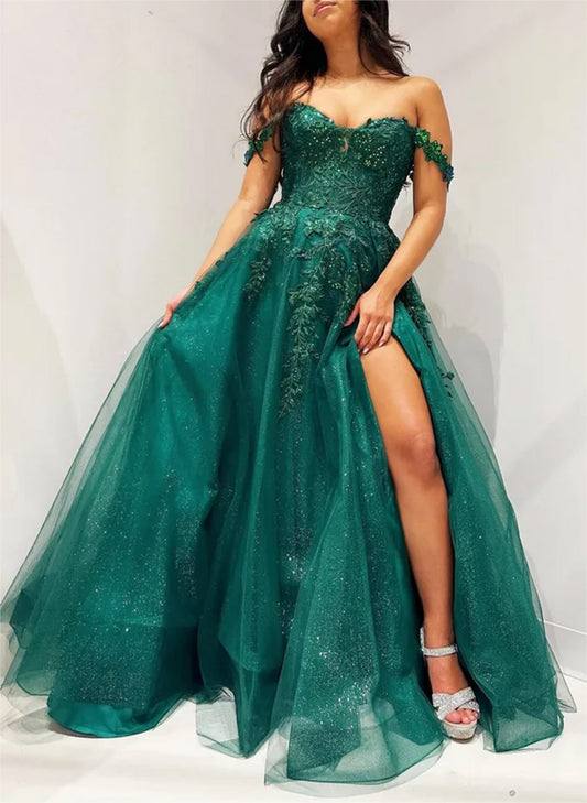 Women A-Line Lace Prom Dresses Long Slit Off Shoulder Appliques Evening Gowns Sleeveless Formal Party Dress YPD633