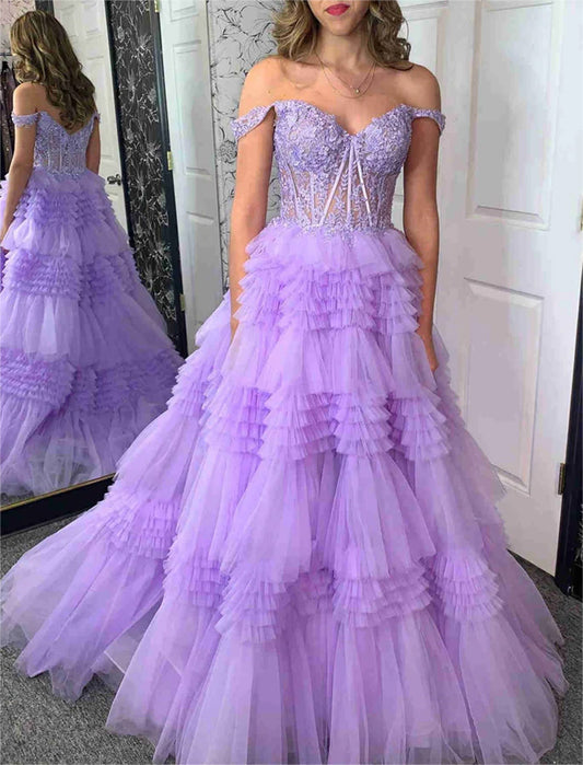 Women A-Line Lace Prom Dresses Long Off Shoulder Appliques Evening Gowns Sleeveless Formal Party Dress YPD640