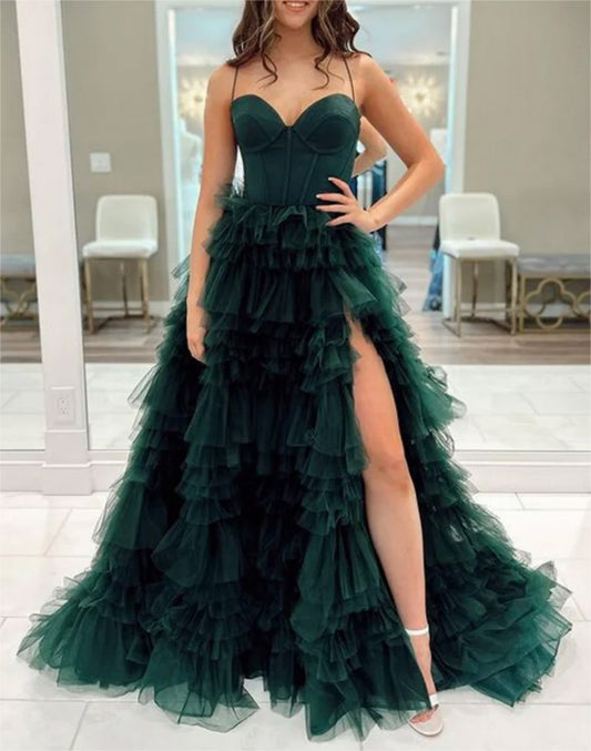 Women A-Line Tulle Prom Dresses Long Sweetheart Ruffles Evening Gowns Sleeveless Formal Party Dress YPD606