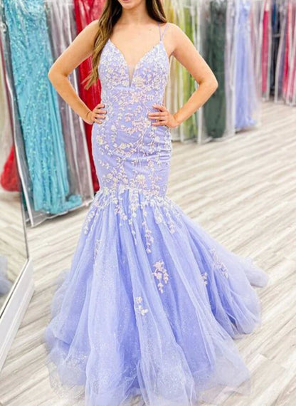 Women Mermaid Lace Prom Dresses Long V-Neck Appliques Evening Gowns Sleeveless Formal Party Dress YPD670