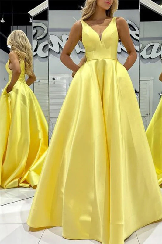 Women A-Line Satin Prom Dresses Long V Neck Evening Gowns Sleeveless Formal Party Dress YPD650