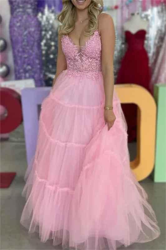 Women A-Line Lace Prom Dresses Long V-Neck Appliques Evening Gowns Sleeveless Formal Party Dress YPD616