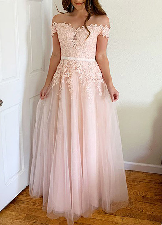 Women A-Line/Princess Lace Prom Dresses Long Off-the-Shoulder Tulle Evening Gowns Sleeveless Formal Party Dress YPD596