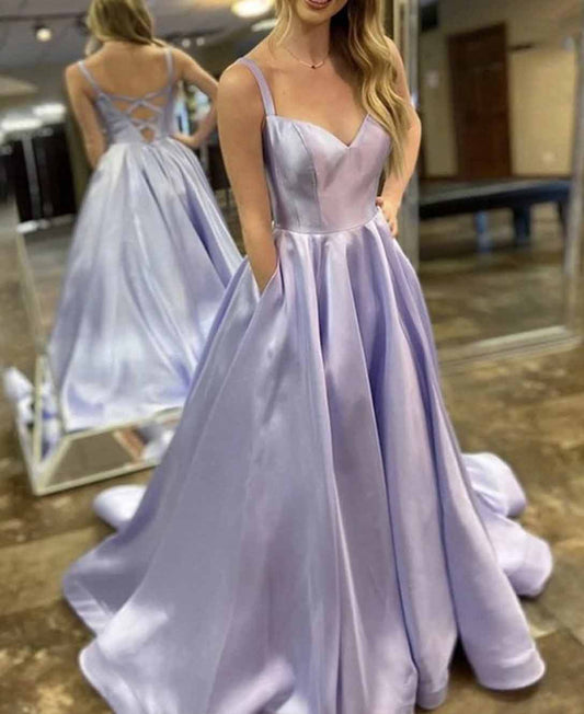 Women A-Line Satin Prom Dresses Long V-Neck Evening Gowns Formal Party Dress YPD586