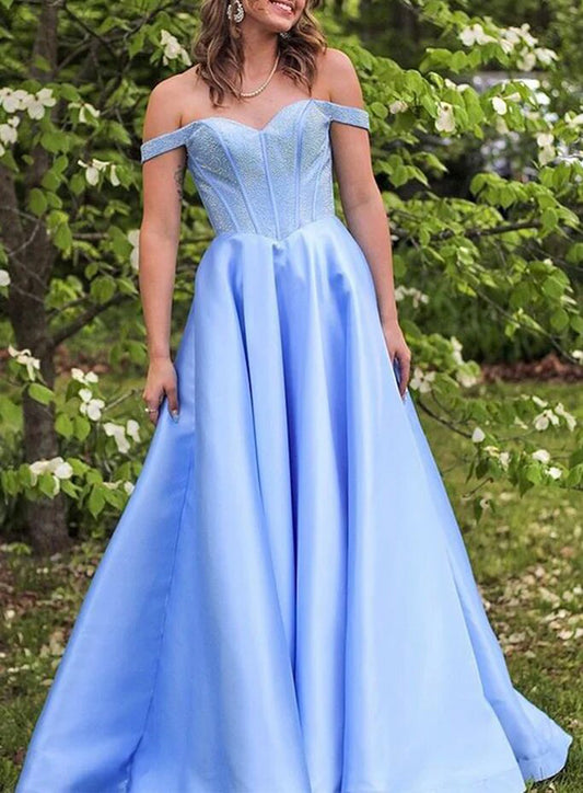 Women V-Neck Satin Prom Dresses Long Off the Shoulder Evening Gowns Sleeveless Formal Party Dress YPD676