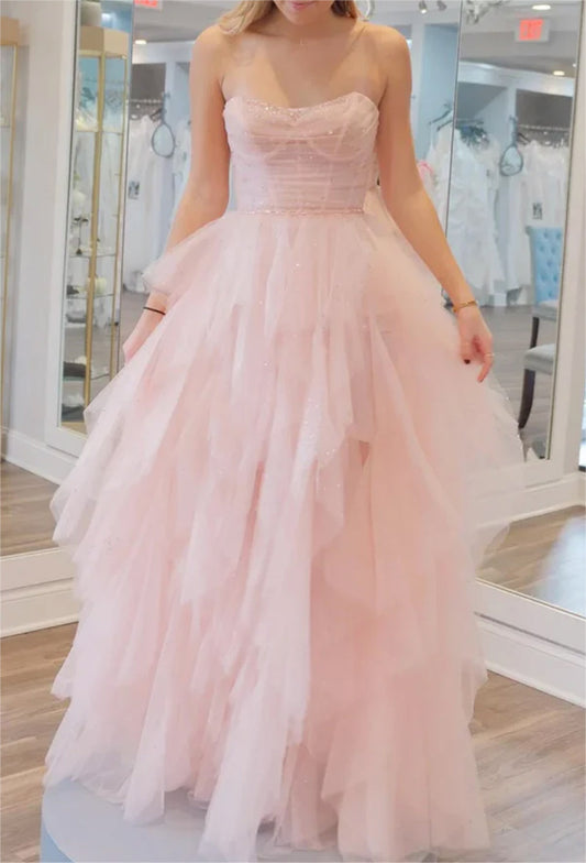 Women Strapless Tulle Prom Dresses Long Sequins Evening Gowns Sleeveless Formal Party Dress YPD638