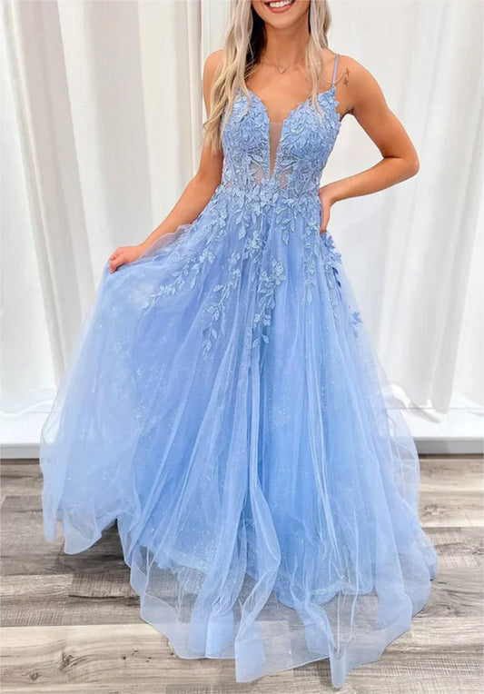 Women A-Line Lace Prom Dresses Long V Neck Appliques Evening Gowns Sleeveless Formal Party Dress YPD643