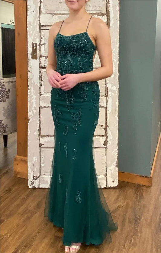 Women Sheath Lace Prom Dresses Long Backless Appliques Evening Gowns Sleeveless Formal Party Dress YPD658