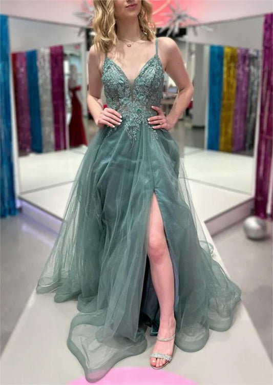 Women A-Line Lace Prom Dresses Long V-Neck Appliques Evening Gowns Sleeveless Formal Party Dress YPD607