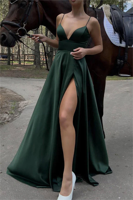 Women A-Line Satin Prom Dresses Long V-Neck Slit Evening Gowns Sleeveless Formal Party Dress YPD636
