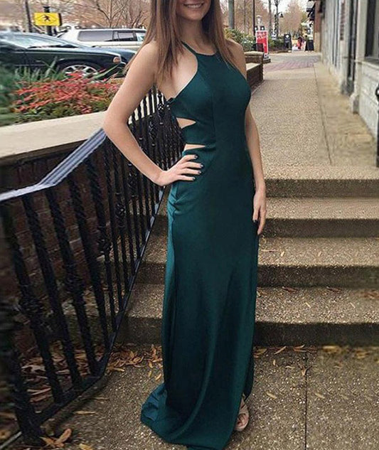Women Sheath Satin Prom Dresses Long Halter Evening Gowns Sleeveless Formal Party Dress YPD597