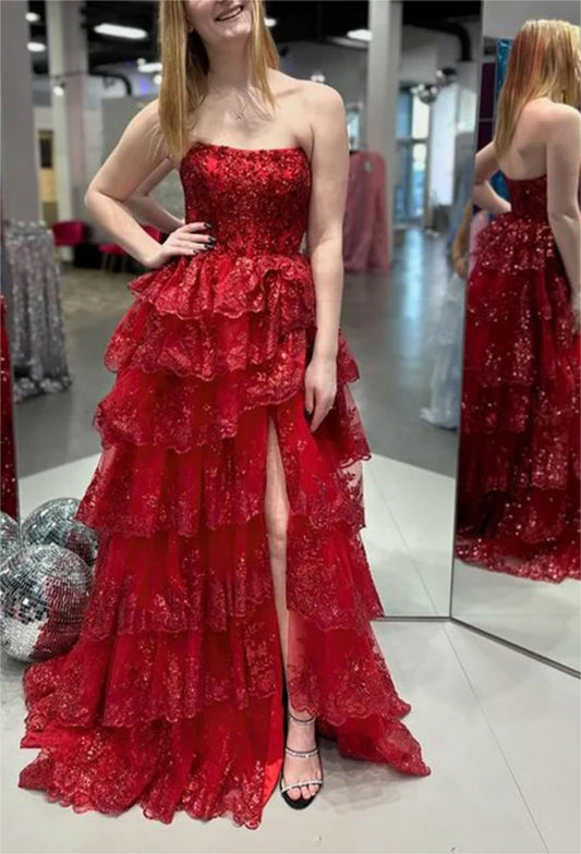 Women A-Line Lace Prom Dresses Long Slit Appliques Evening Gowns Sleeveless Formal Party Dress YPD610