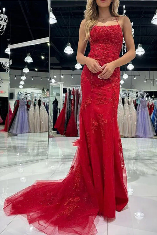 Women Sheath Lace Prom Dresses Long Backless Appliques Evening Gowns Sleeveless Formal Party Dress YPD652