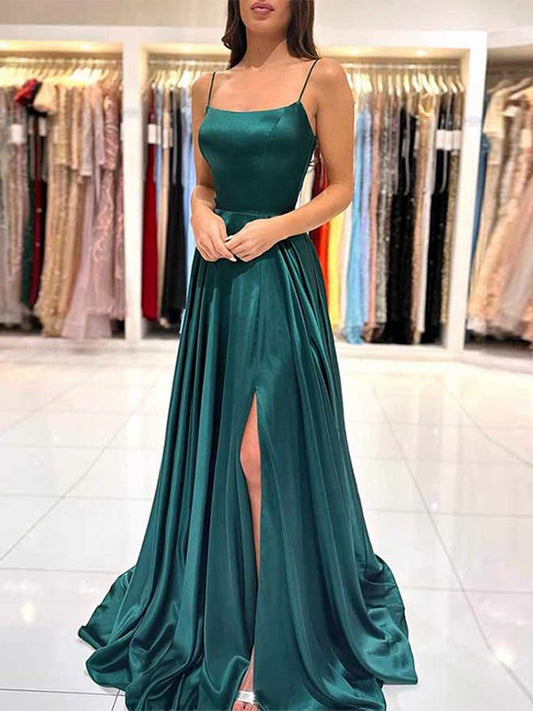 Women A-Line Satin Prom Dresses Long Spaghetti Straps Evening Gowns Formal Party Dress YPD563