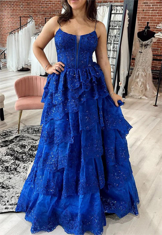 Women A-Line Lace Prom Dresses Long V Neck Appliques Evening Gowns Sleeveless Formal Party Dress YPD651