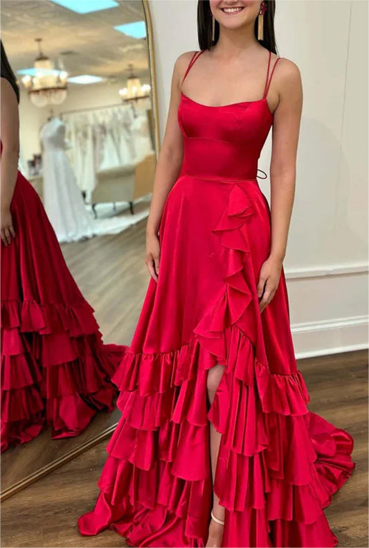 Women A-Line Satin Prom Dresses Long Ruffle Evening Gowns Sleeveless Formal Party Dress YPD603