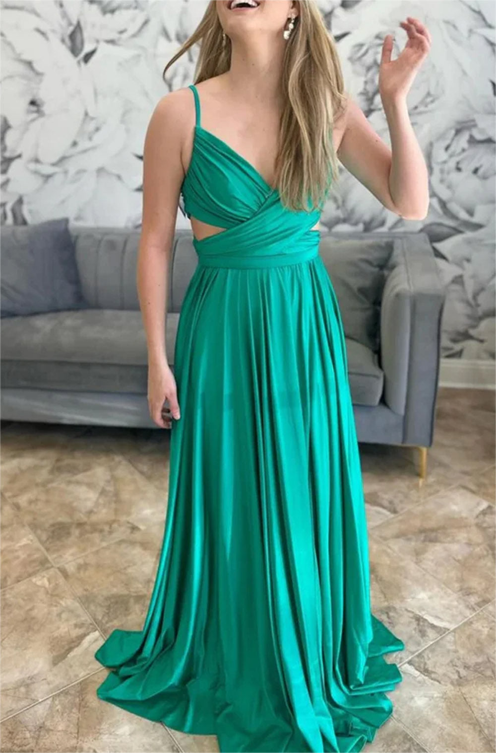 Women A-Line Satin Prom Dresses Long V Neck Evening Gowns Sleeveless Formal Party Dress YPD648