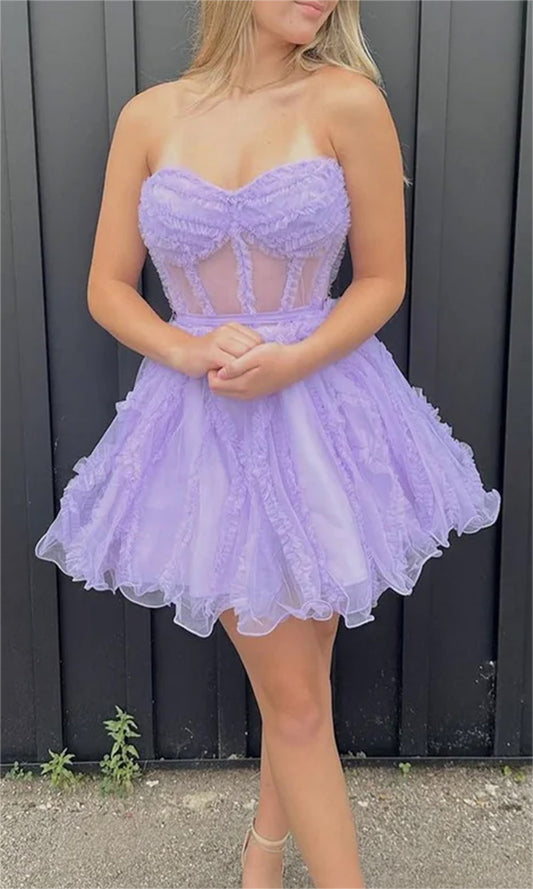 Women Strapless Tulle Prom Dresses Short Sweetheart Cocktail Gowns Girls Sleeveless Homecoming Dresses YHD311