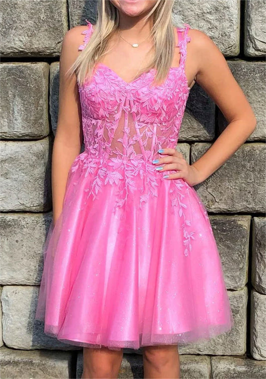 Women A-Line Lace Prom Dresses Short Appliques Cocktail Gowns Girls Sleeveless Homecoming Dresses YHD312