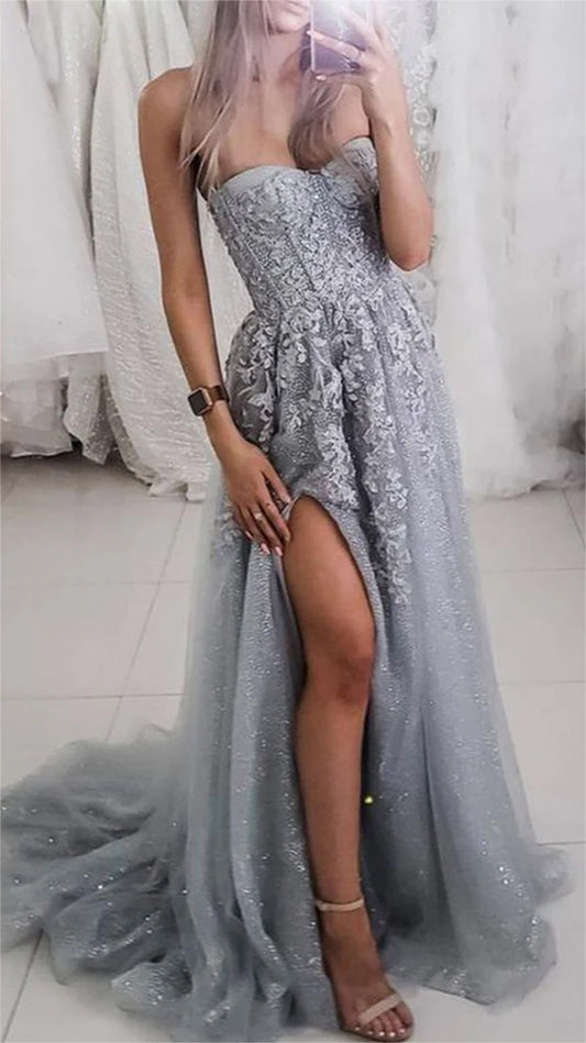 Women Strapless Lace Prom Dresses Long Appliques Evening Gowns Sleeveless Formal Party Dress YPD688