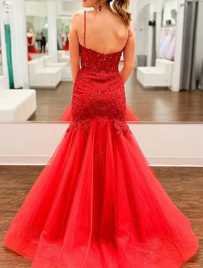 Women V-Neck Lace Prom Dresses Long Mermaid Appliques Evening Gowns Sleeveless Formal Party Dress YPD686