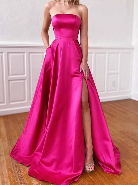 Women A-Line Satin Prom Dresses Long Ruffles Slit Evening Gowns Formal Party Dress YPD582