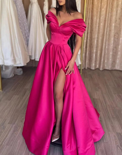 Women V-Neck Satin Prom Dresses Long Slit Evening Gowns Off Shoulder Formal Party Dress YPD598