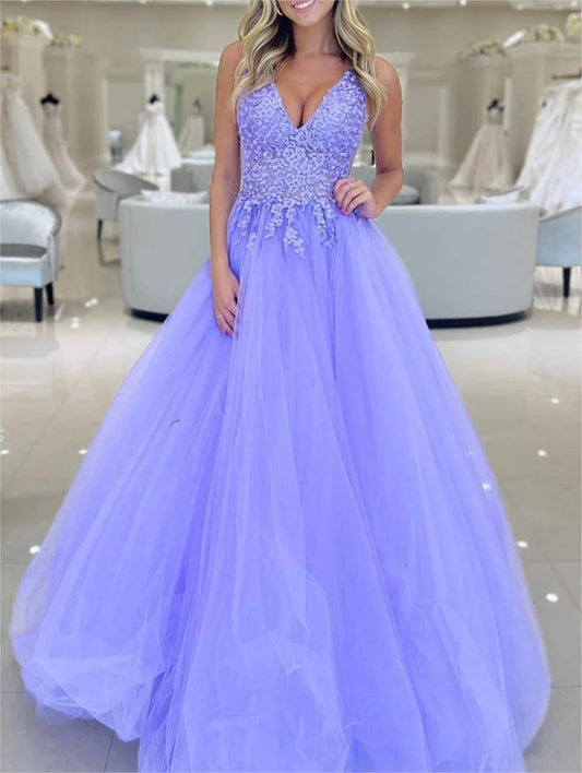 Women A-Line Lace Prom Dresses Long V Neck Appliques Evening Gowns Sleeveless Formal Party Dress YPD649