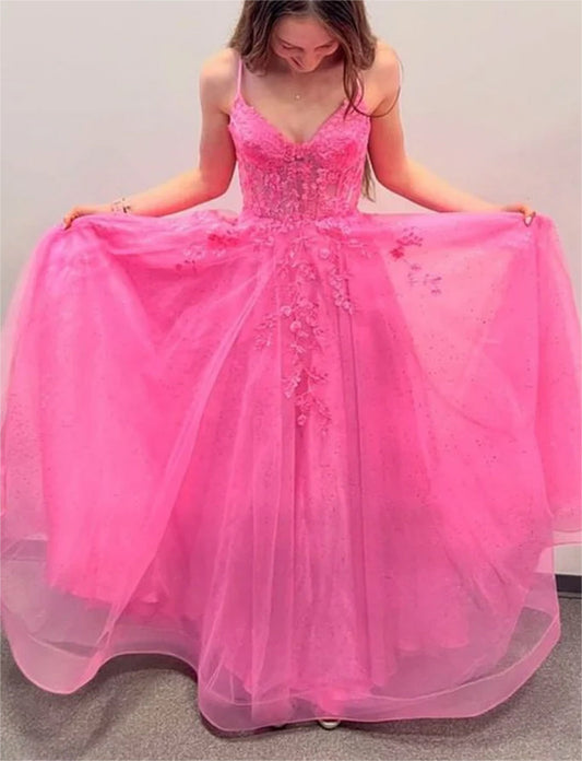Women A-Line Lace Prom Dresses Long V-Neck Appliques Evening Gowns Sleeveless Formal Party Dress YPD599