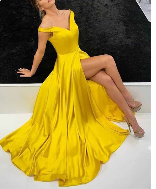 Women A-Line Satin Prom Dresses Long V-Neck Slit Evening Gowns Formal Party Dress YPD590
