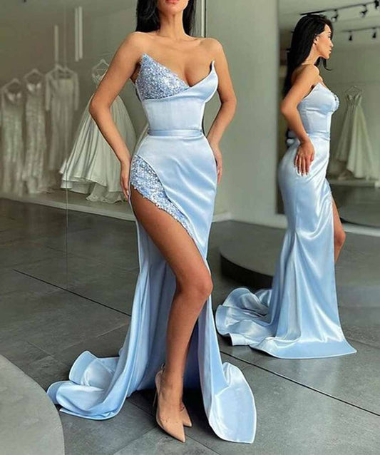 Women Sheath Satin Prom Dresses Long Sleeveless Slit Evening Gowns Formal Party Dress YPD589