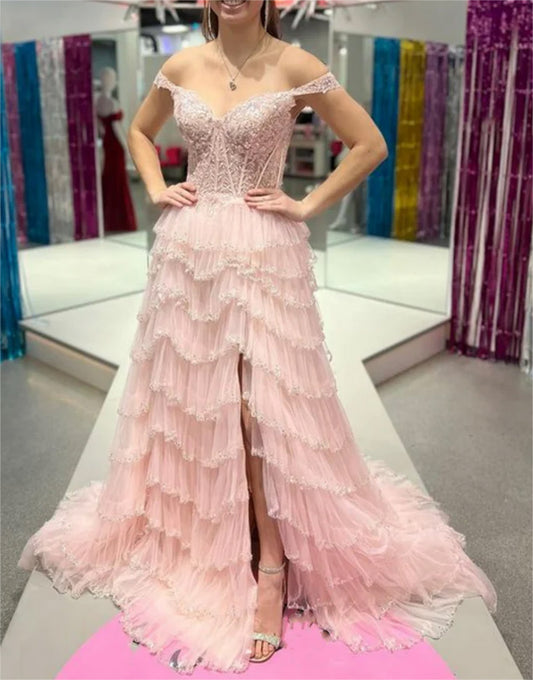 Women A-Line Lace Prom Dresses Long Slit Appliques Evening Gowns Sleeveless Formal Party Dress YPD608