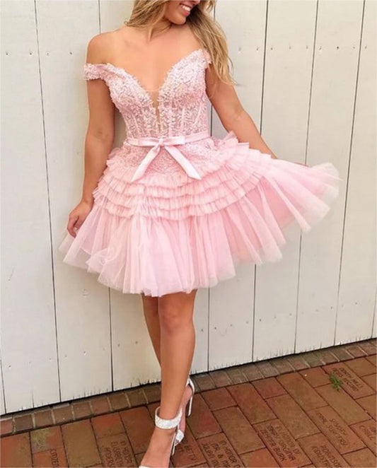 Women Princess Lace Prom Dresses Short Off Shoulder Appliques Cocktail Gowns Girls Sleeveless Homecoming Dresses Short Graduation Dress YHD306