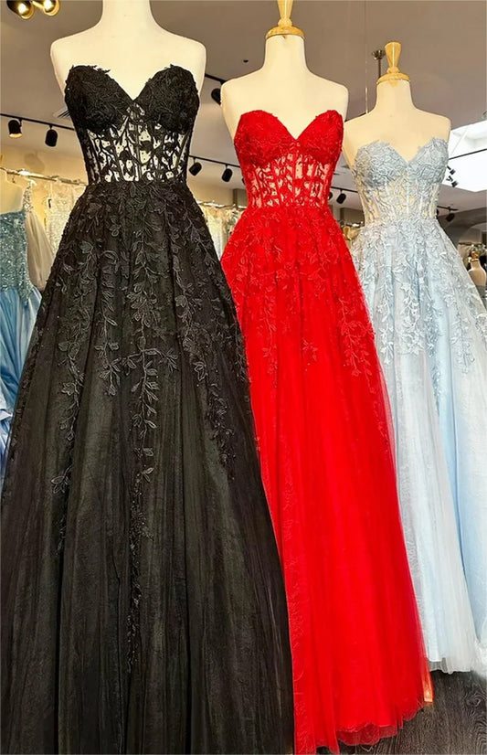 Women A-Line Lace Prom Dresses Long Strapless Appliques Evening Gowns Sleeveless Formal Party Dress YPD661