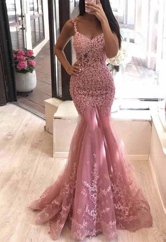 Women Mermaid Appliques Prom Dresses Long V-Neck Lace Evening Gowns Formal Party Dress YPD581