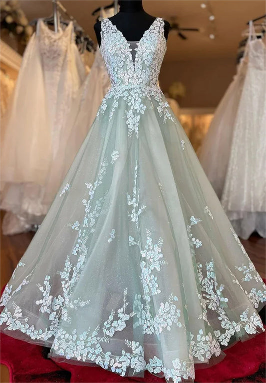Women A-Line Lace Prom Dresses Long V-Neck Appliques Evening Gowns Sleeveless Formal Party Dress YPD634