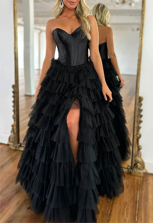Women Strapless Tulle Prom Dresses Long Sweetheart Slit Evening Gowns Sleeveless Formal Party Dress YPD629