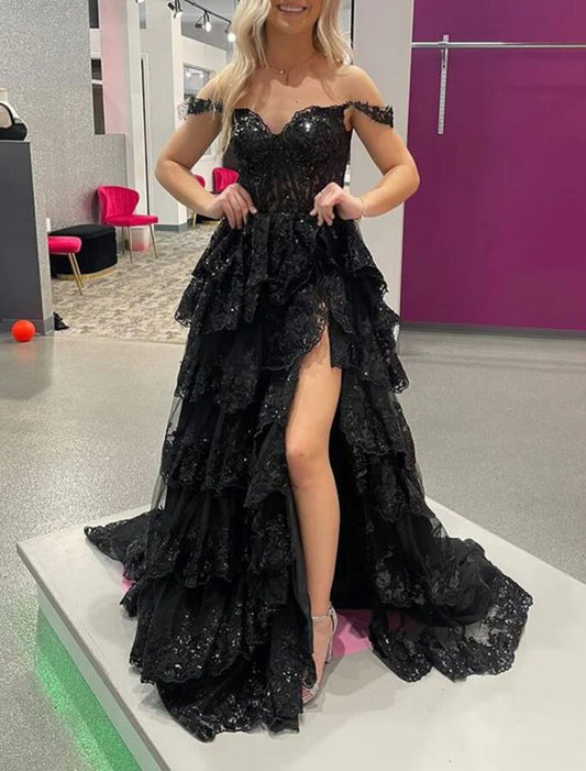 Women A-Line Slit Lace Prom Dresses Long Off Shoulder Appliques Evening Gowns Sleeveless Formal Party Dress YPD669