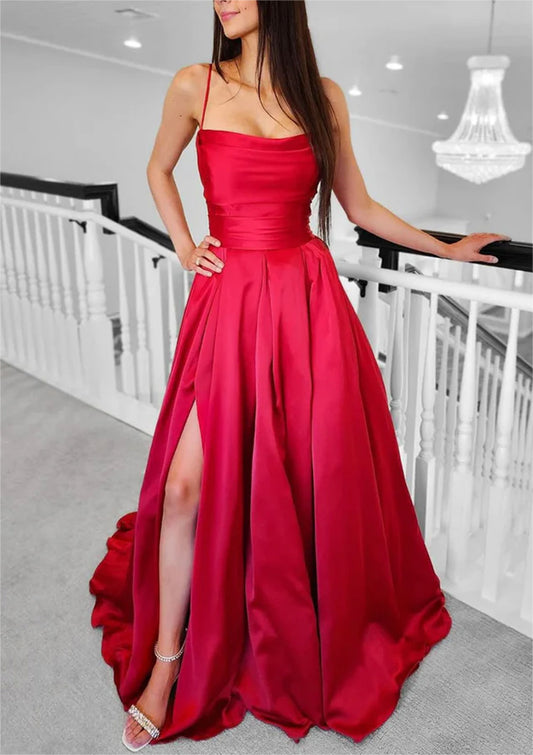 Women A-Line Satin Prom Dresses Long Side Slit Evening Gowns Sleeveless Formal Party Dress YPD620